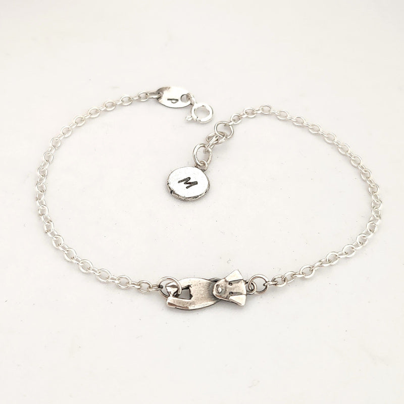 Cat and dog sterling silver bracelet with initial