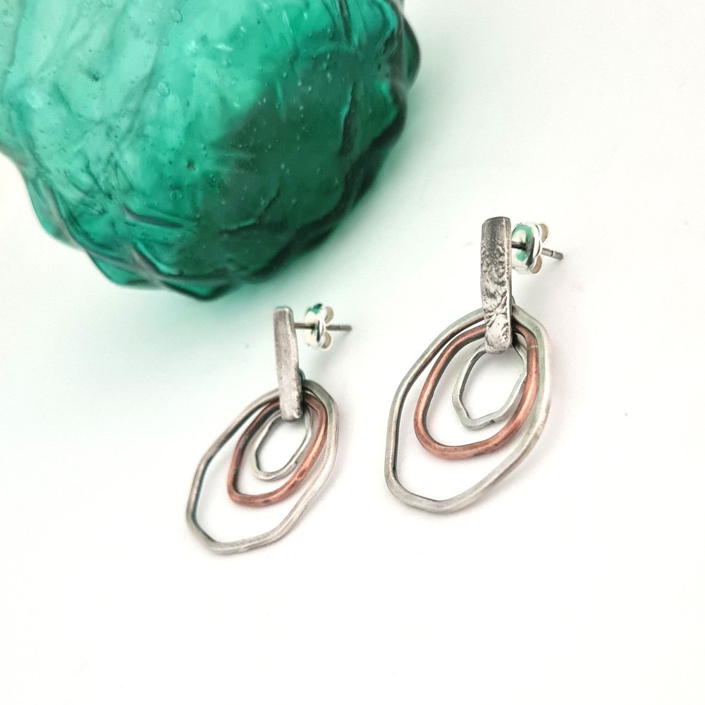 Sterling Silver and Copper Flat Rings Earrings