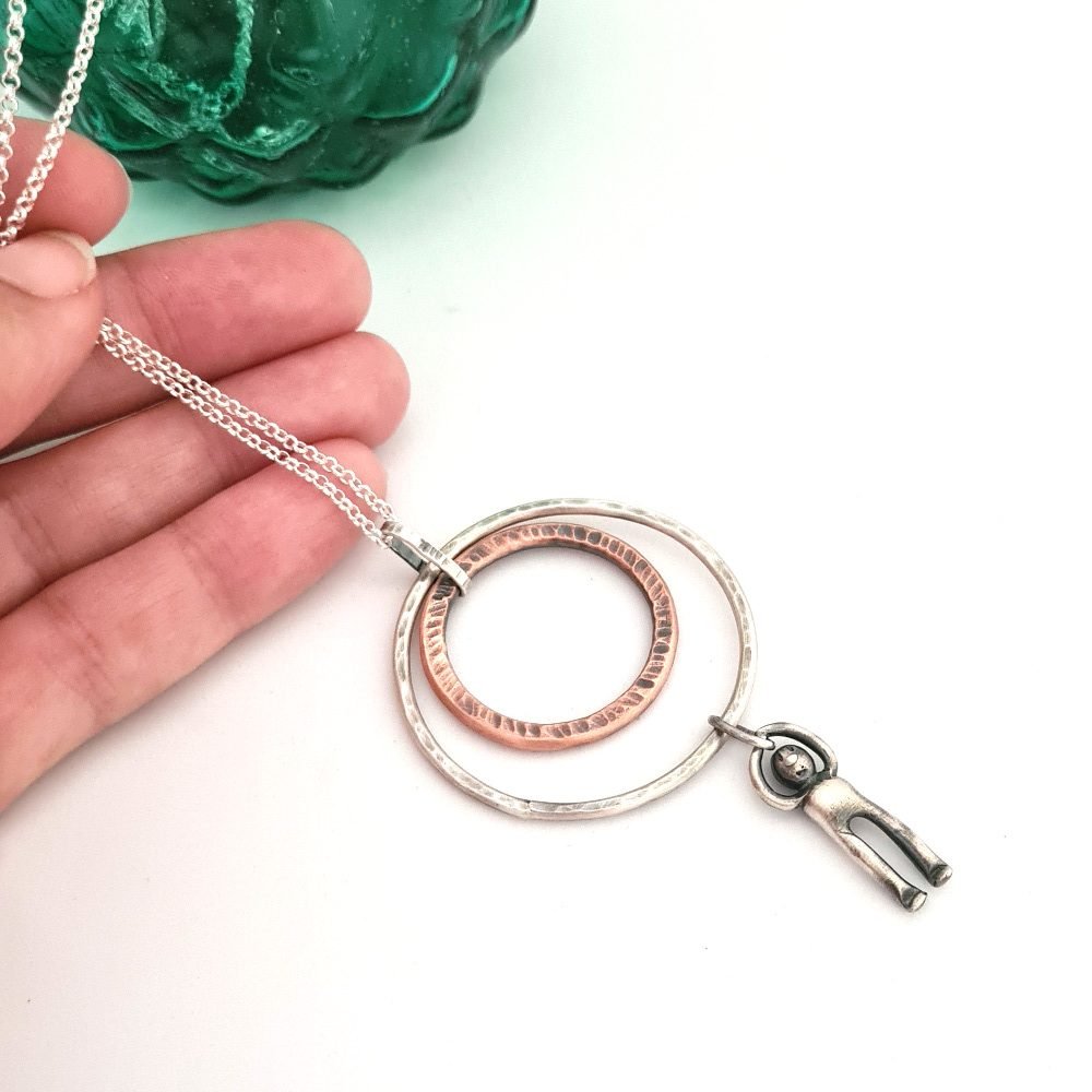 Sterling Silver and Copper Hammered Rings Pendant