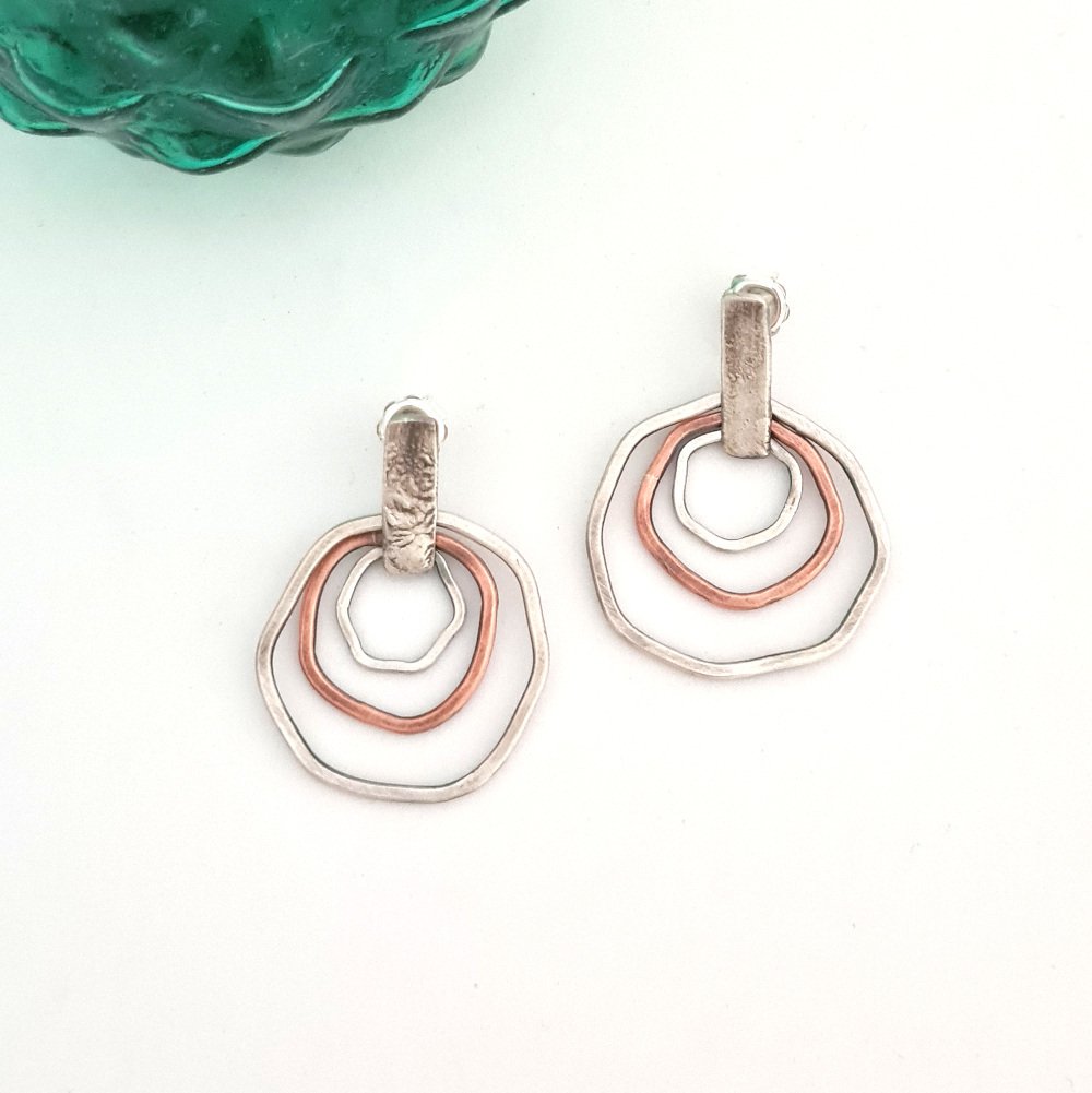 Sterling Silver and Copper Flat Rings Earrings