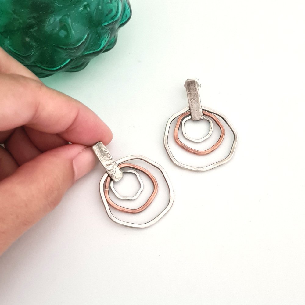 Sterling Silver and Copper Flat Rings Earrings