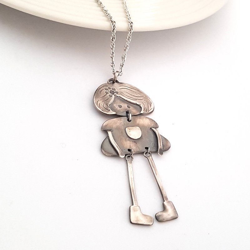 Doll Figure Pendant With Flower - Sterling Silver