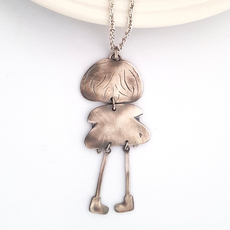 Doll Figure Pendant With Flower - Sterling Silver