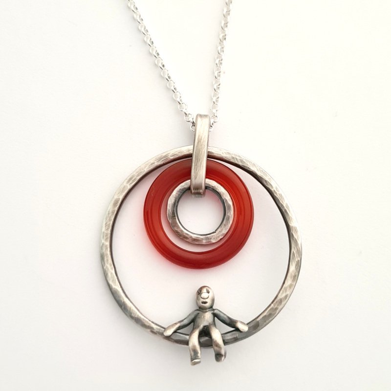 Carnelian Agate Pendant With Little Man Sitting - Sterling Silver