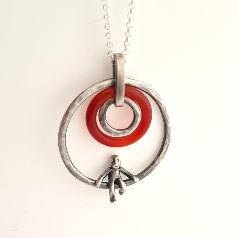 Carnelian Agate Pendant With Little Man Sitting - Sterling Silver