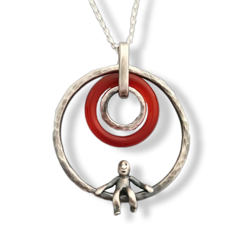 Carnelian Agate Pendant With Little Man Sitting - Sterling Silver