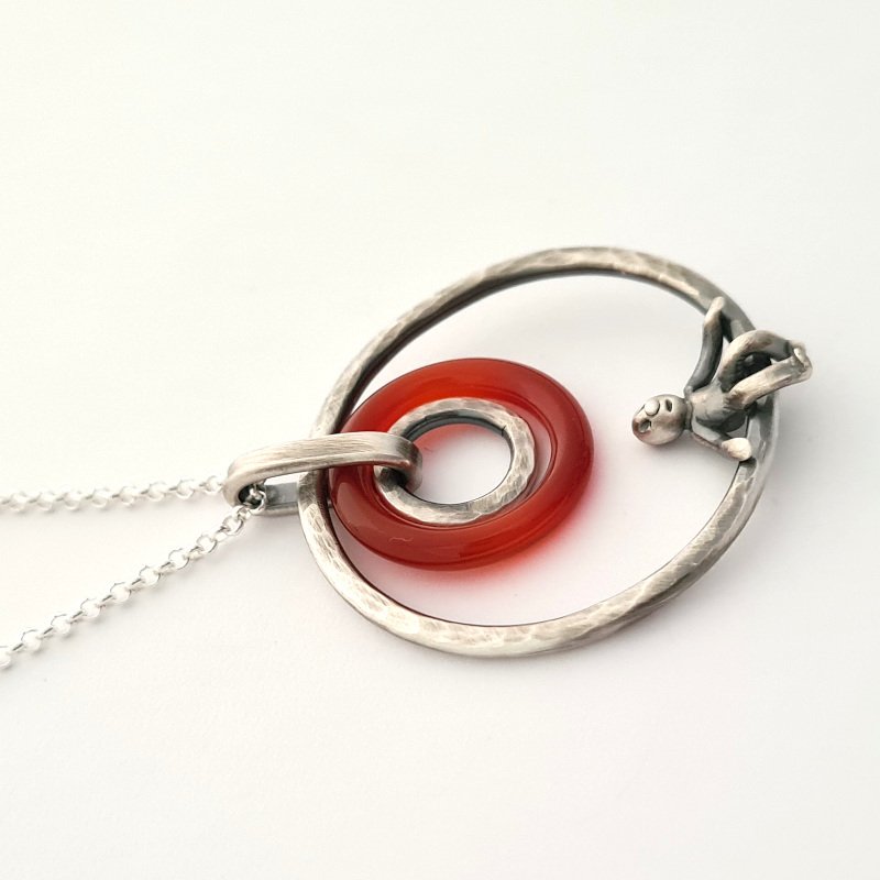 Carnelian Agate Pendant With Little Man Sitting - Sterling Silver
