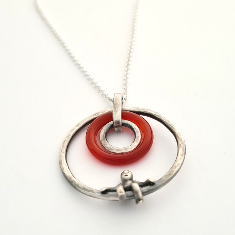 Carnelian Agate Pendant With Little Man Sitting - Sterling Silver