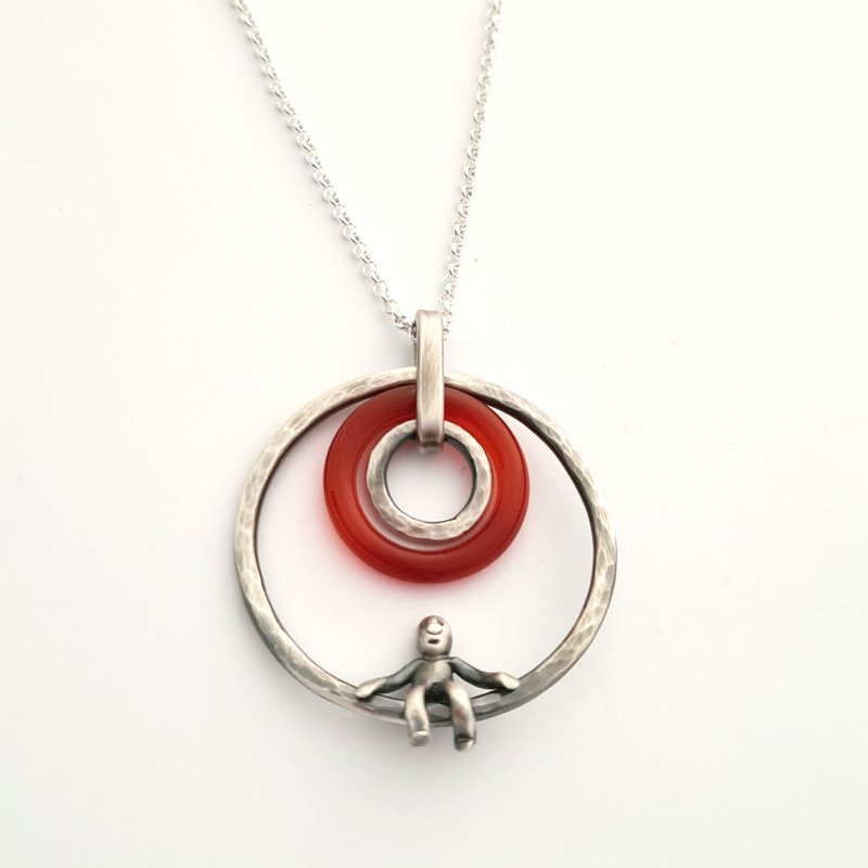 Carnelian Agate Pendant With Little Man Sitting - Sterling Silver