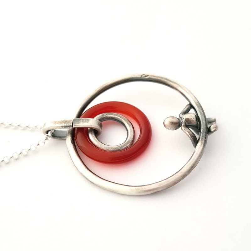 Carnelian Agate Pendant With Little Man Sitting - Sterling Silver