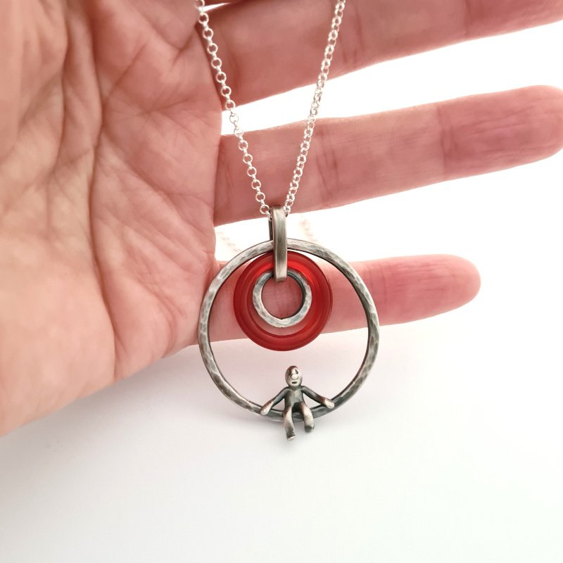 Carnelian Agate Pendant With Little Man Sitting - Sterling Silver