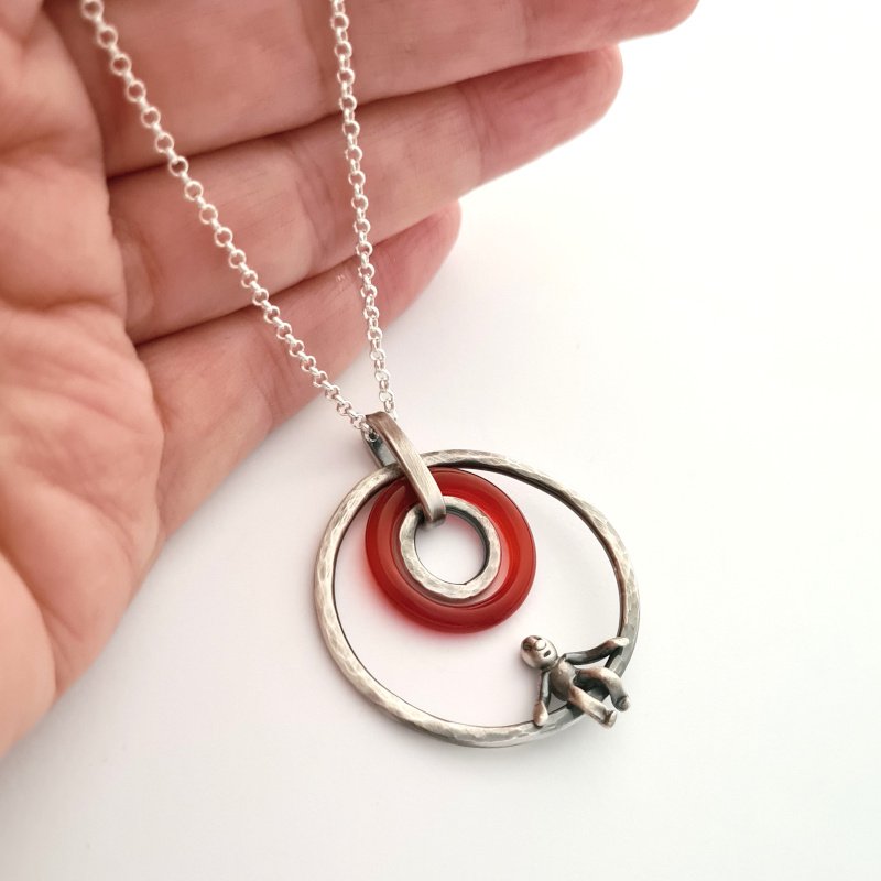 Carnelian Agate Pendant With Little Man Sitting - Sterling Silver
