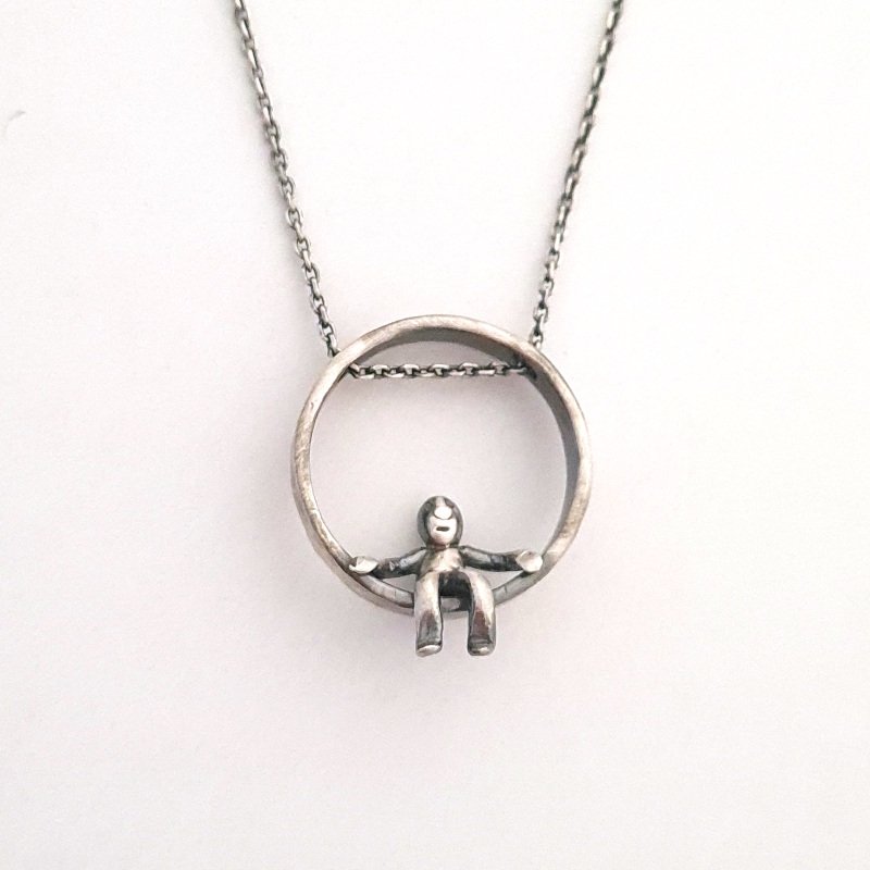 Cute Little Man Sitting On a Silver Ring - Minimalist Pendant