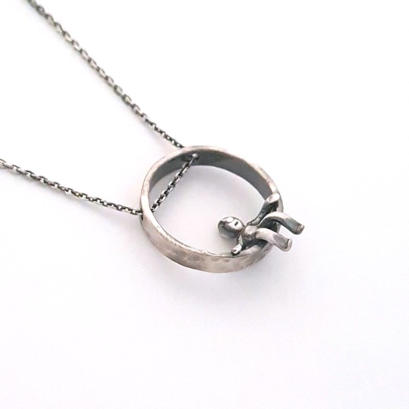 Cute Little Man Sitting On a Silver Ring - Minimalist Pendant