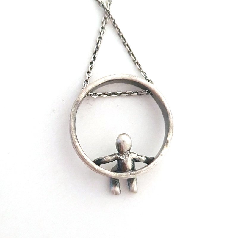 Cute Little Man Sitting On a Silver Ring - Minimalist Pendant