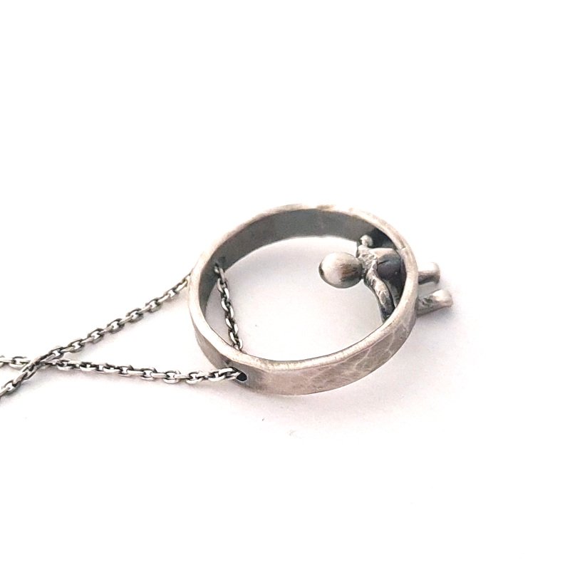Cute Little Man Sitting On a Silver Ring - Minimalist Pendant