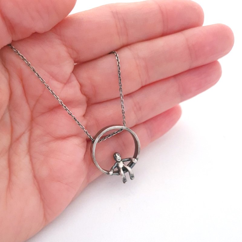 Cute Little Man Sitting On a Silver Ring - Minimalist Pendant