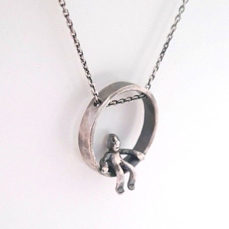 Cute Little Man Sitting On a Silver Ring - Minimalist Pendant