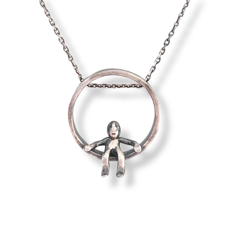 Cute Little Man Sitting On a Silver Ring - Minimalist Pendant