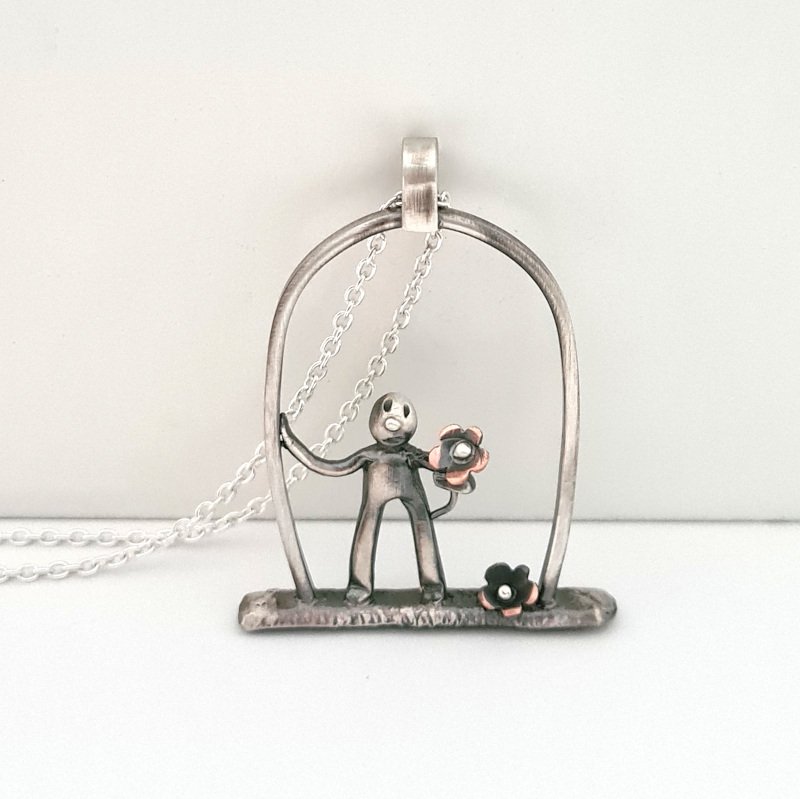 Little Man With Flower Pendant – Sterling Silver and Copper