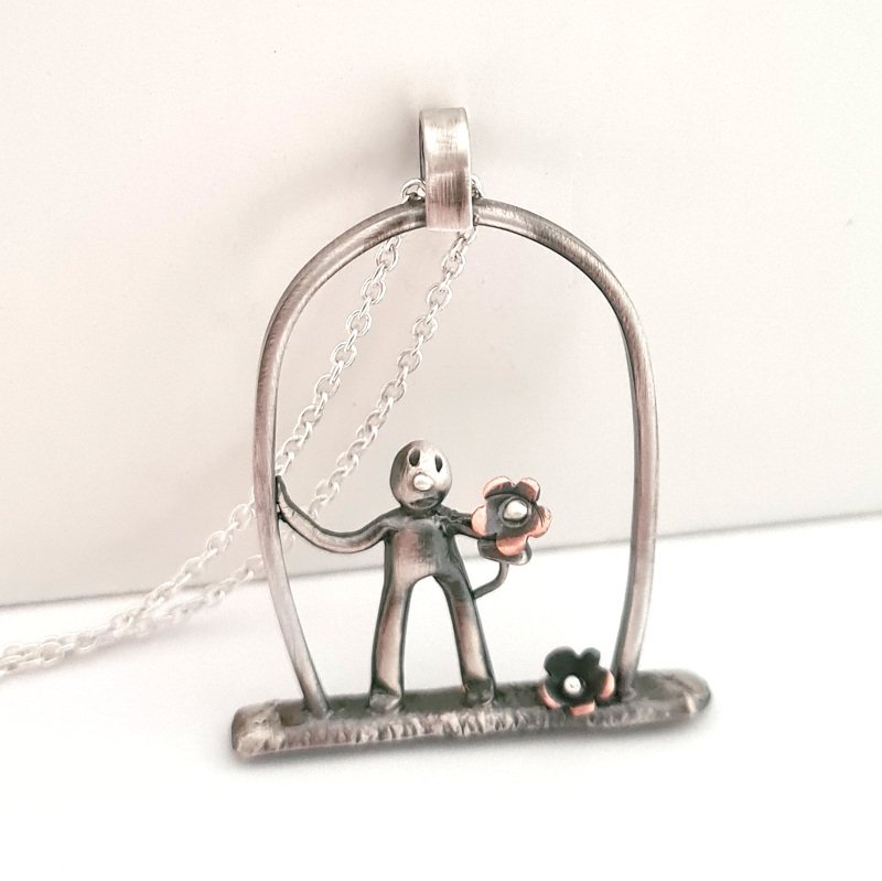 Little Man With Flower Pendant – Sterling Silver and Copper