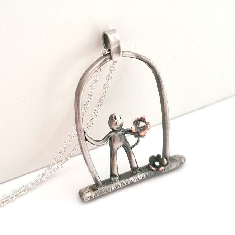 Little Man With Flower Pendant – Sterling Silver and Copper