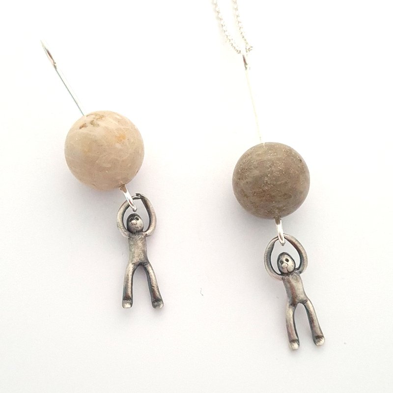 Little Men Hanging Pendant With Fossilised Coral Bead