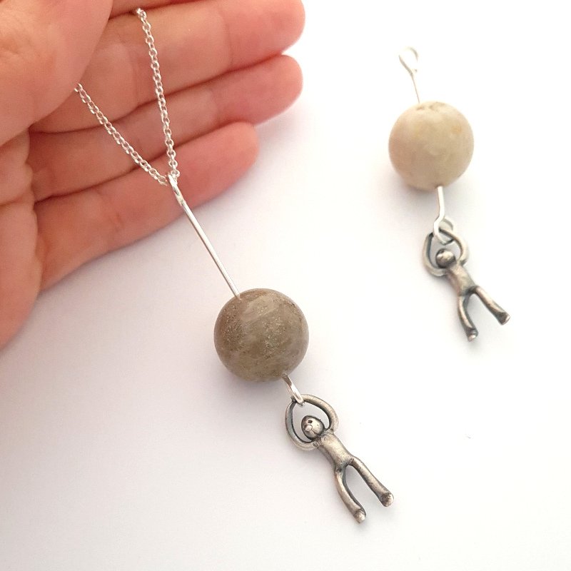 Little Men Hanging Pendant With Fossilised Coral Bead