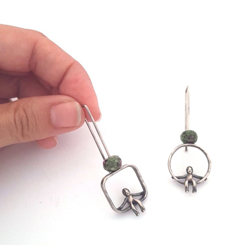Oxidised Sterling Silver and Gemstone Earrings - Ruby Zoisite People Earrings