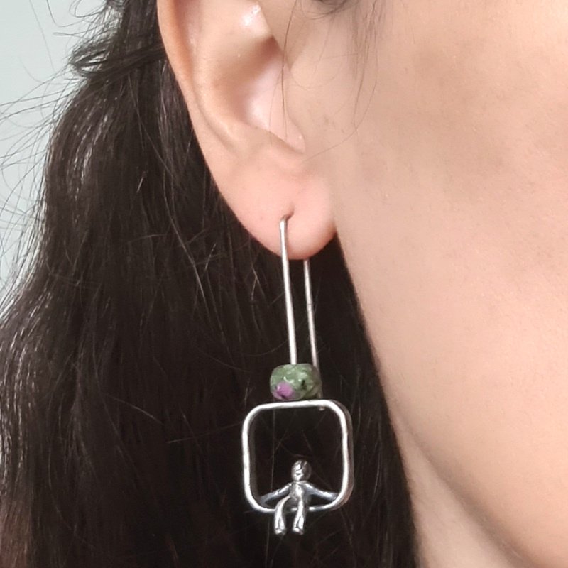 Oxidised Sterling Silver and Gemstone Earrings - Ruby Zoisite People Earrings