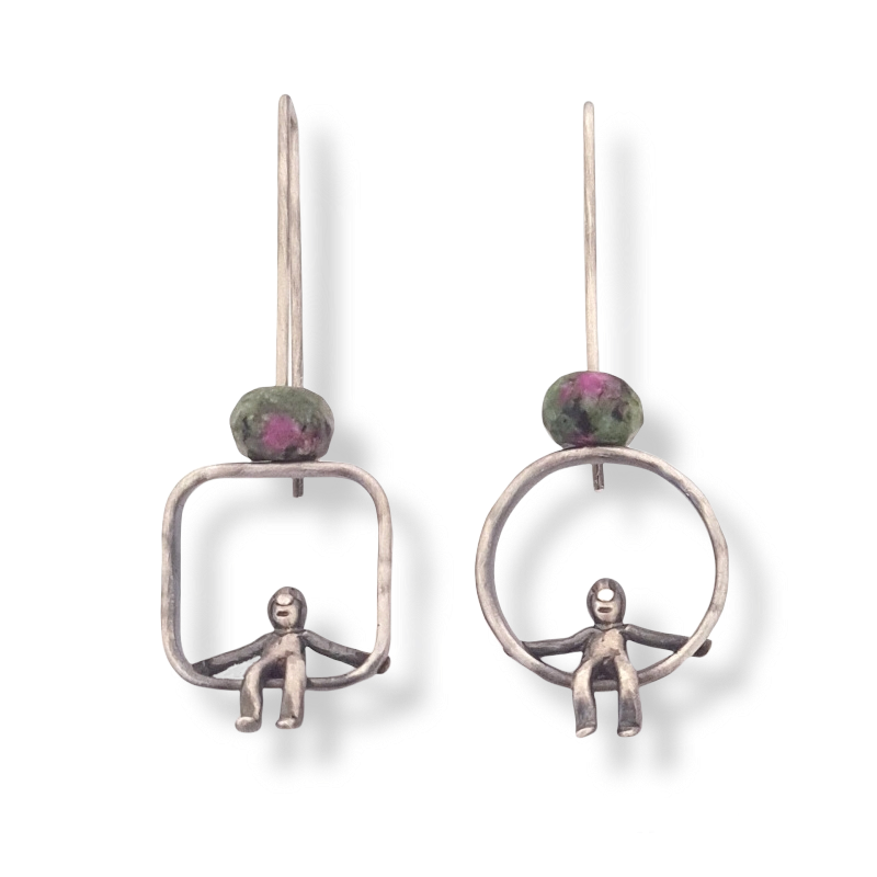 Oxidised Sterling Silver and Gemstone Earrings - Ruby Zoisite People Earrings