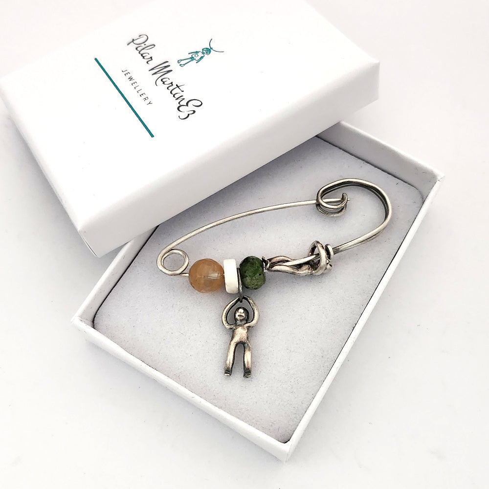 Sterling Silver Safety Pin With Gemstones - Big