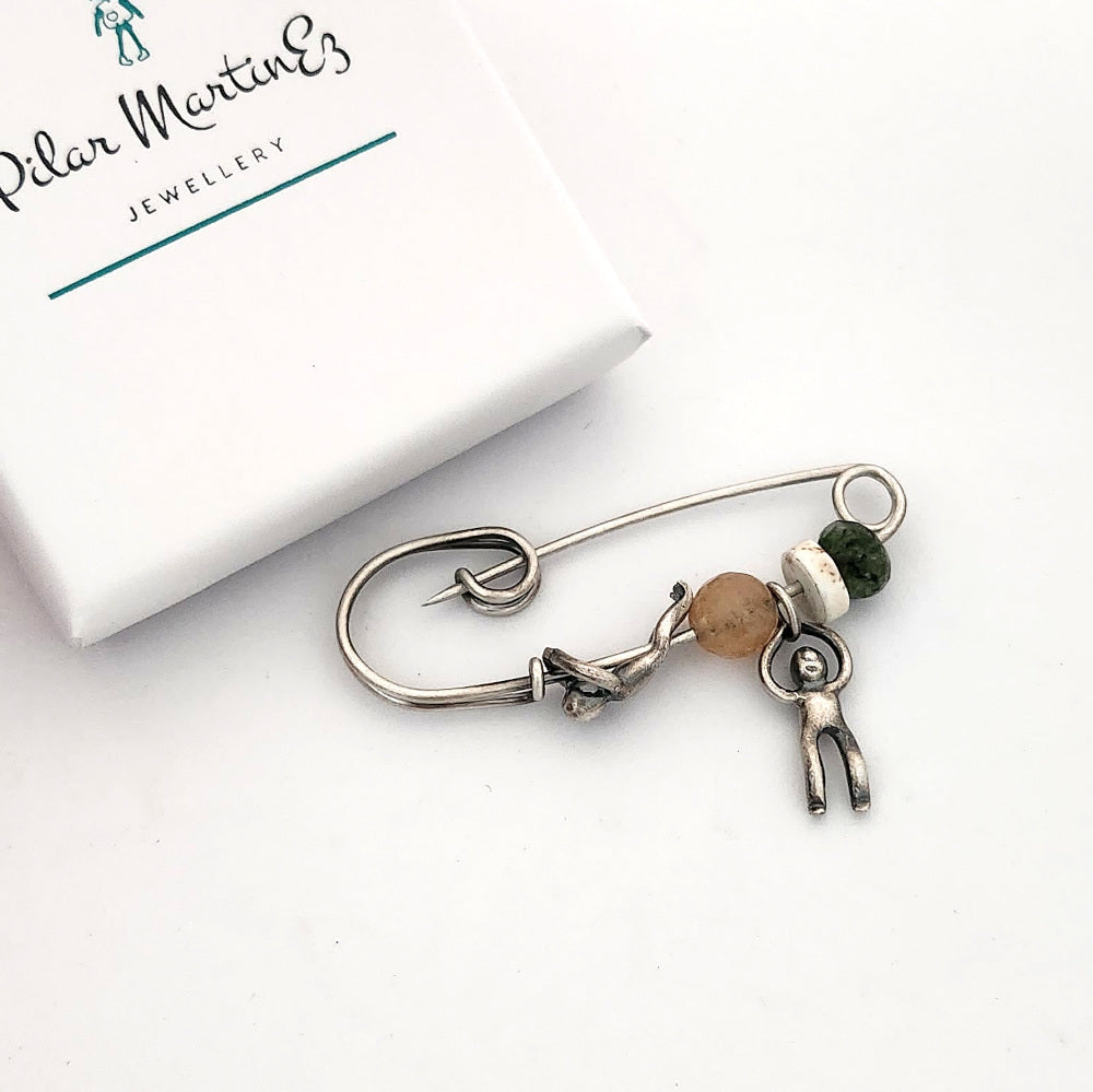 Sterling Silver Safety Pin With Gemstones - Big