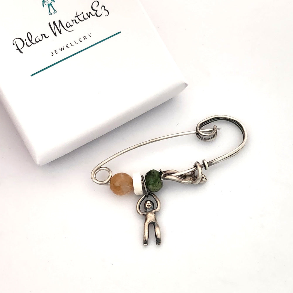 Sterling Silver Safety Pin With Gemstones - Big