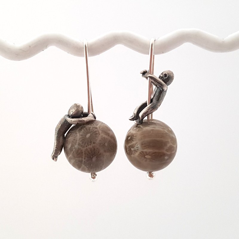 Little Men And Fossil Coral Gemstone Earrings