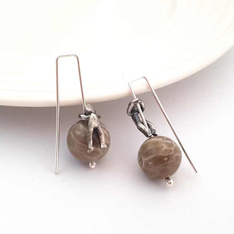 Little Men And Fossil Coral Gemstone Earrings