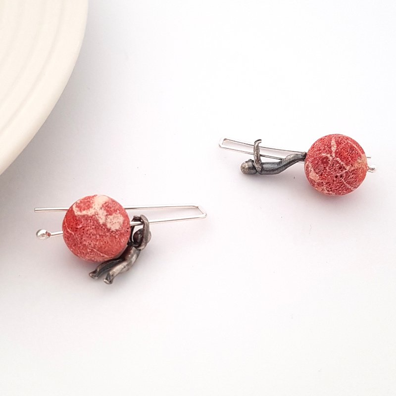 Little Men And Red Sponge Coral Gemstone Earrings