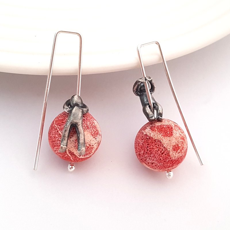 Little Men And Red Sponge Coral Gemstone Earrings