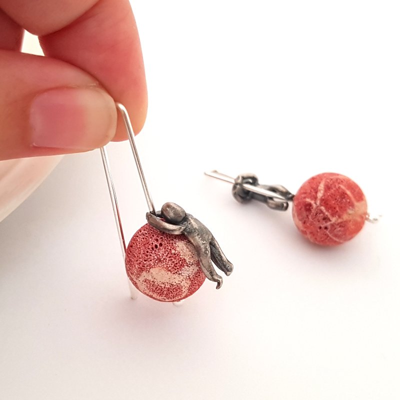 Little Men And Red Sponge Coral Gemstone Earrings