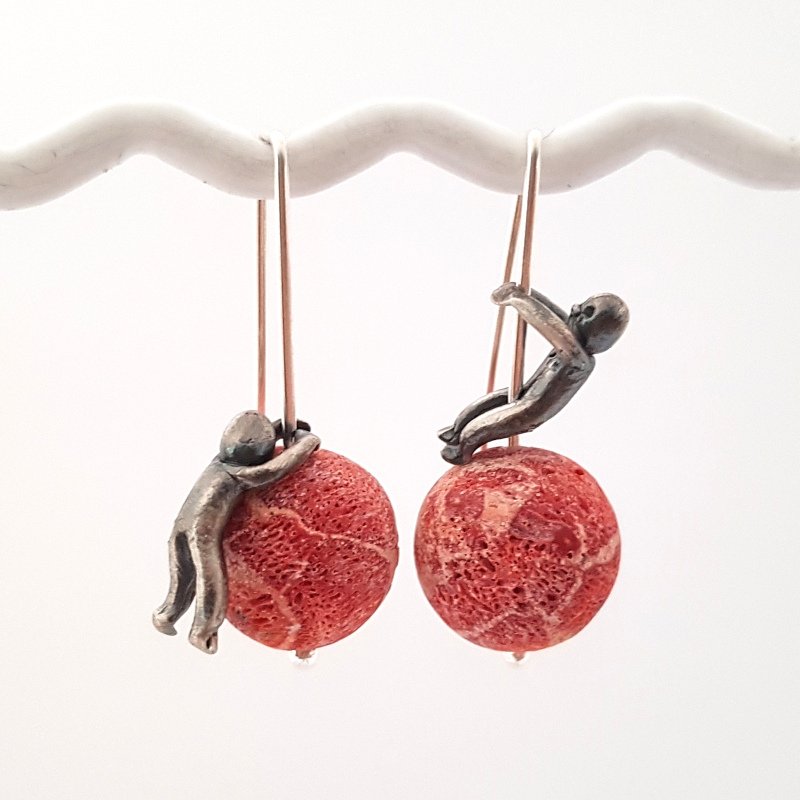 Little Men And Red Sponge Coral Gemstone Earrings