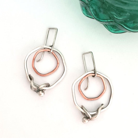 Silver and Copper Flat Rings Earrings with Little Men Hanging