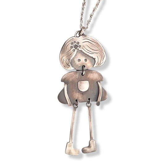 Doll Figure Pendant With Flower - Sterling Silver