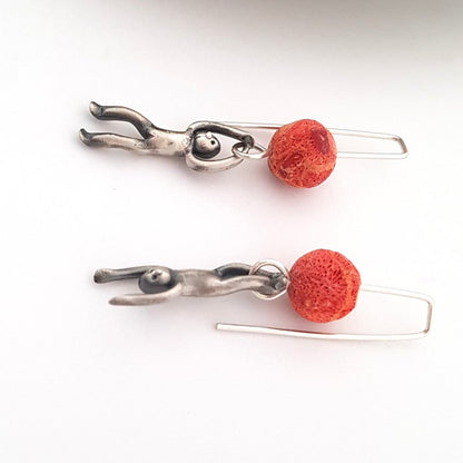 Little Men Up Down Sponge Coral Earrings - Two Sizes