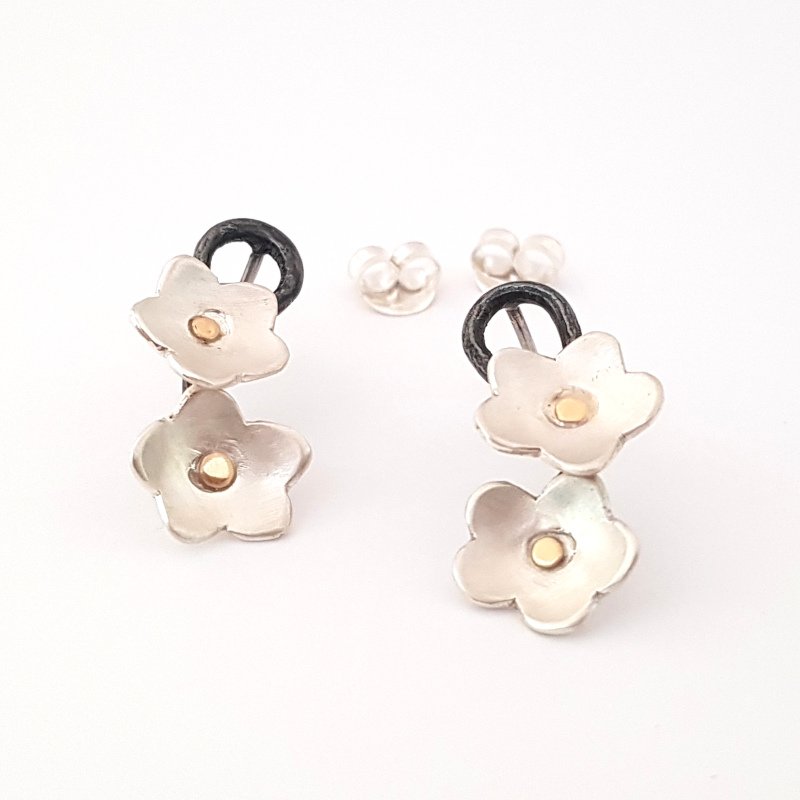 Double Flower Sterling Silver Earrings