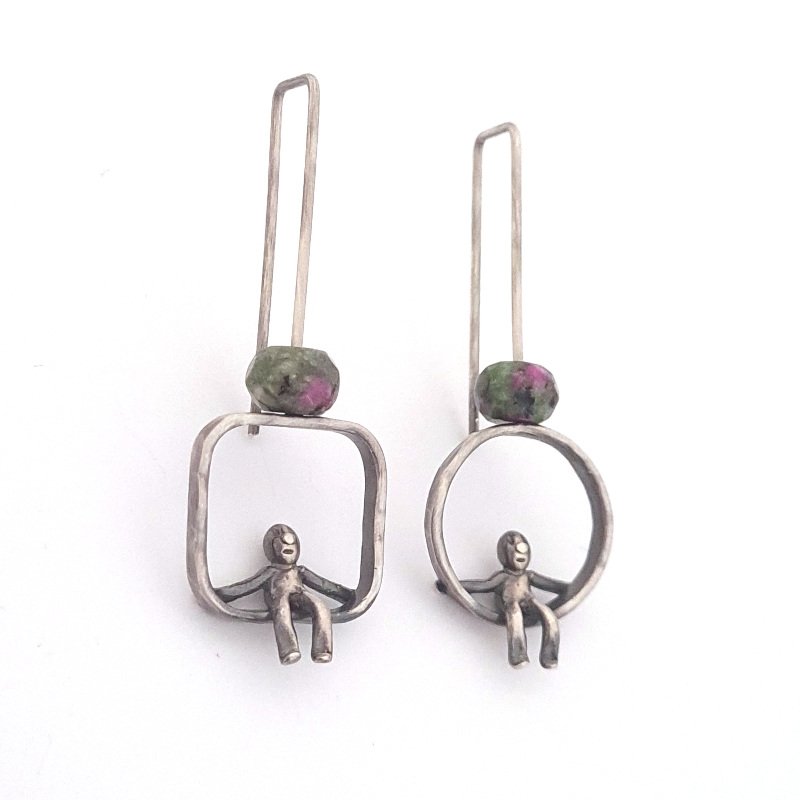Oxidised Sterling Silver and Gemstone Earrings - Ruby Zoisite People Earrings