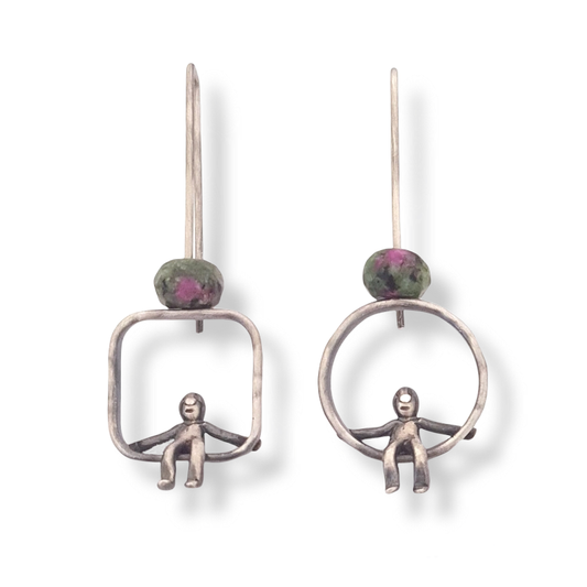 Oxidised Sterling Silver and Gemstone Earrings - Ruby Zoisite People Earrings