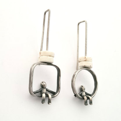 Oxidised Sterling Silver and Gemstone Earrings - White Magnesite People Earrings