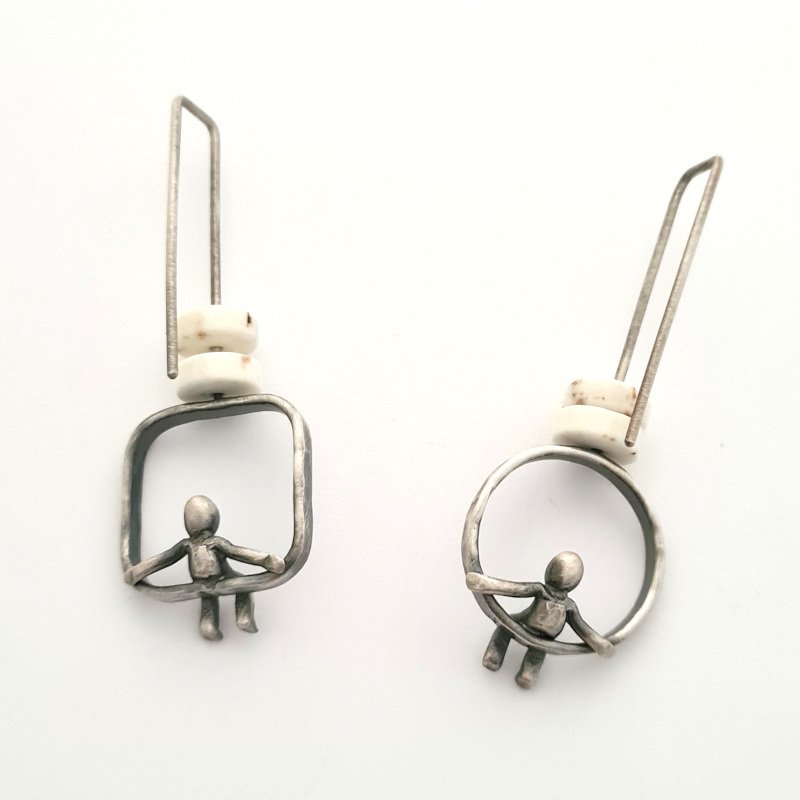 Oxidised Sterling Silver and Gemstone Earrings - White Magnesite People Earrings