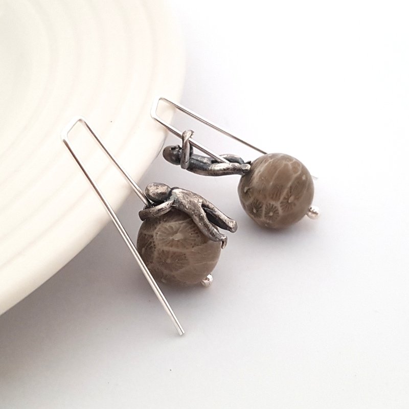 Little Men And Fossil Coral Gemstone Earrings