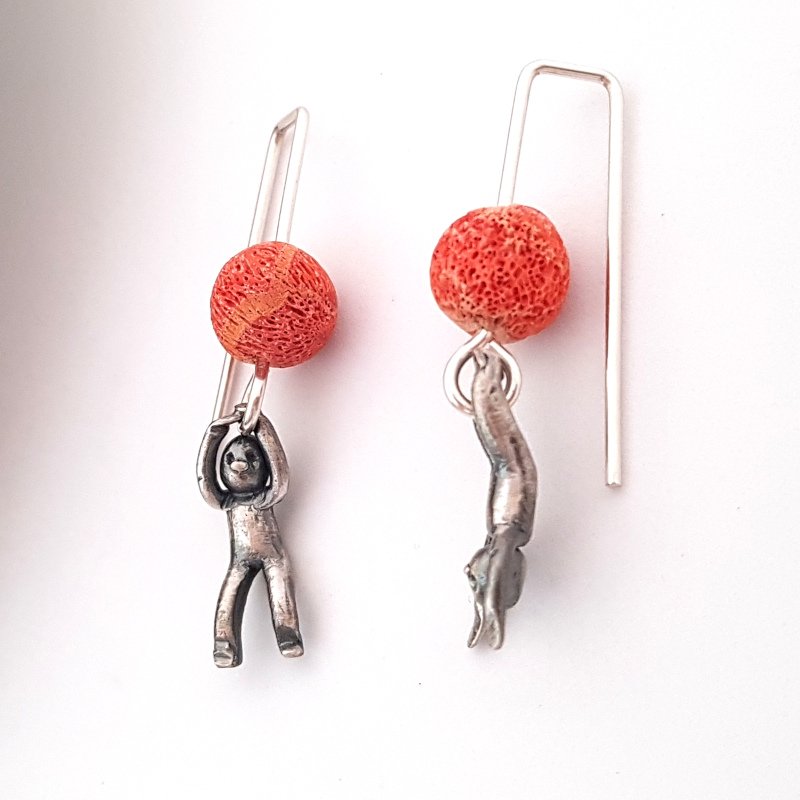 Little Men Up Down Sponge Coral Earrings - Two Sizes